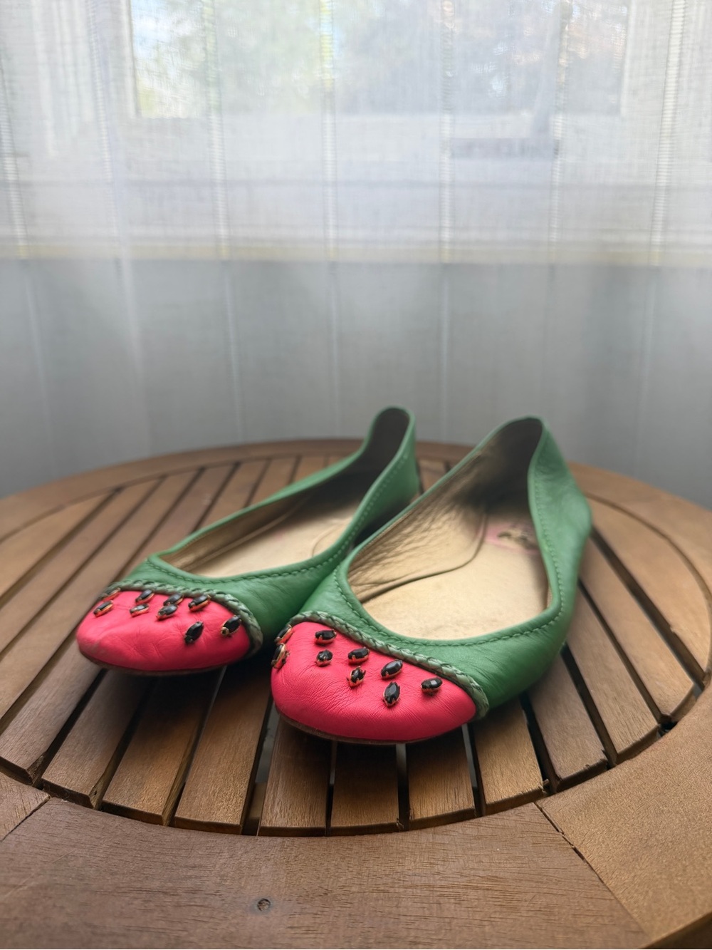 kate spade Green Leather Ballet Flats with Pink Studded Cap